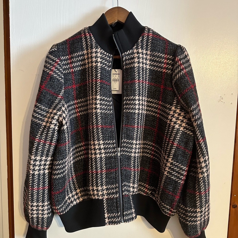 Express Checkered Bomber Jacket - Black, Red, Cream